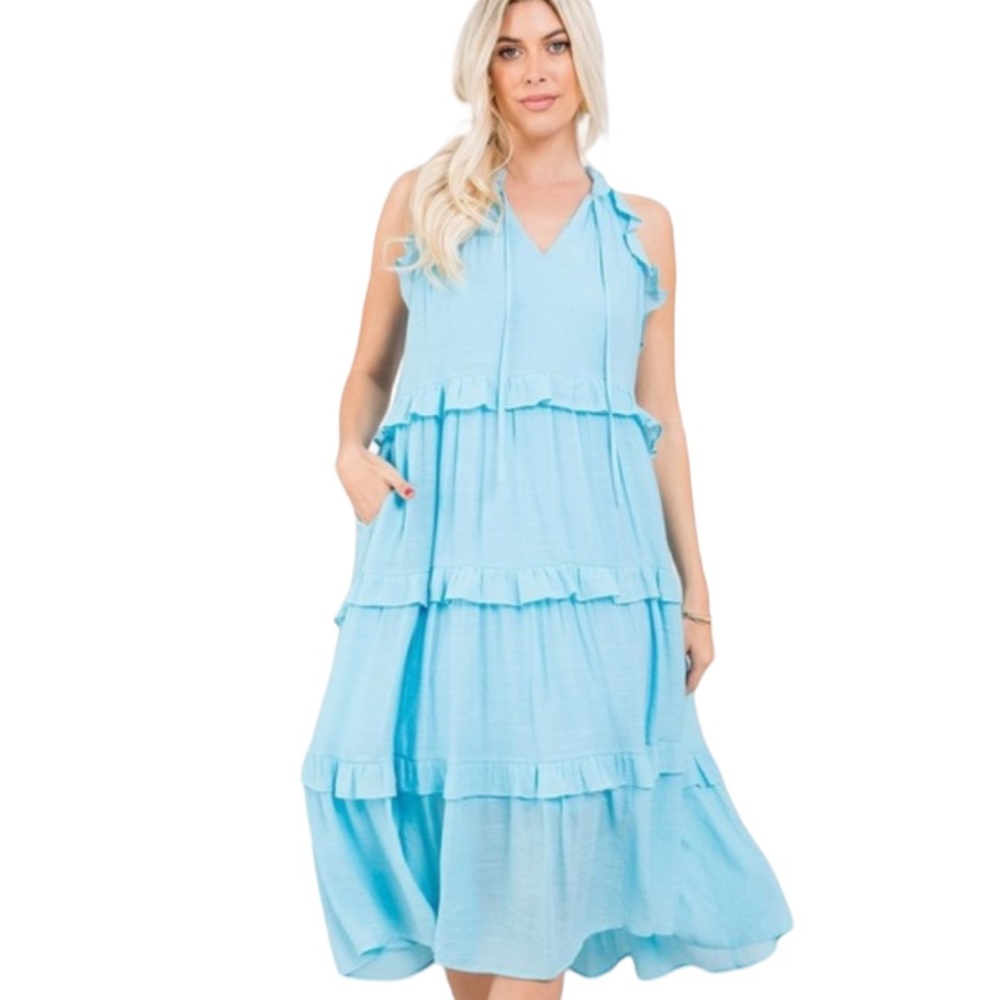 37. Women’s Aqua Ruffle Tie Front Midi Dress NWT